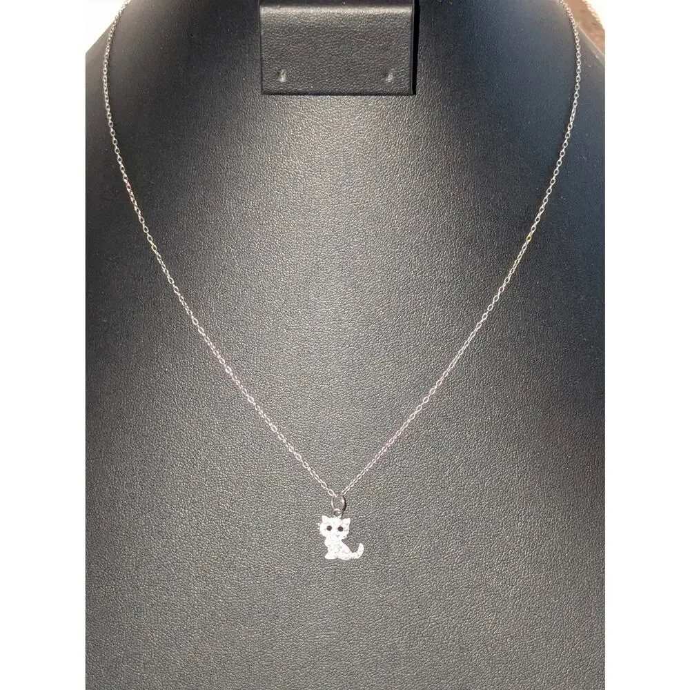 925 Sterling Silver Crystal Cat Pendant 18" Chain Necklace - Picture 1 of 6